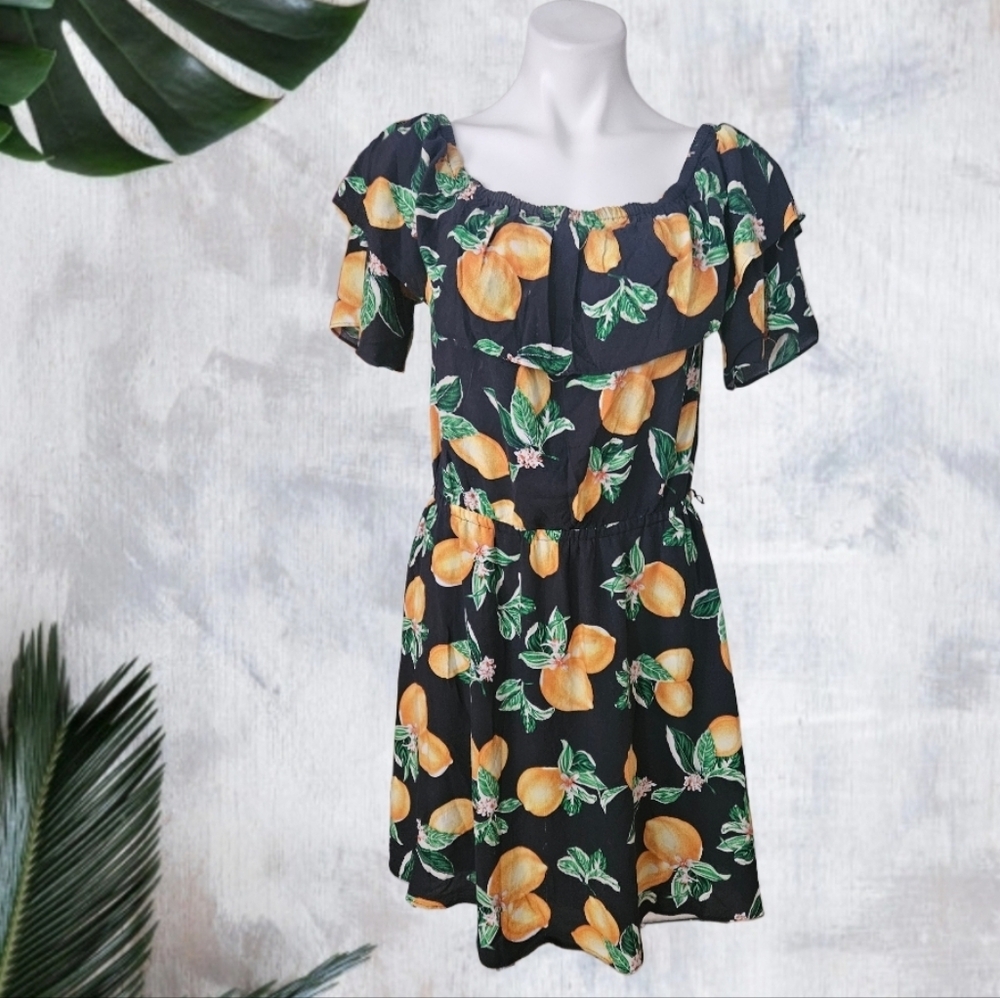 Coverstiched Black Dress with Lemon Print